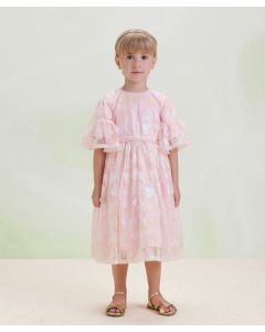 Vestido Infantil Tule Corações Rosa Animê